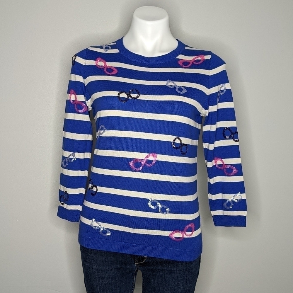 Talbots blue white striped sequin glasses sweater S
